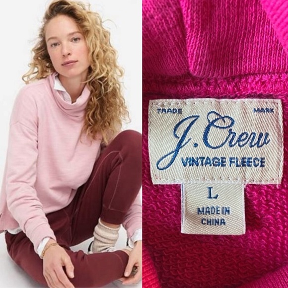 J. Crew Vintage Cotton Terry Turtleneck Sweatshirt Fuchsia Magenta Pink size L - Picture 1 of 6